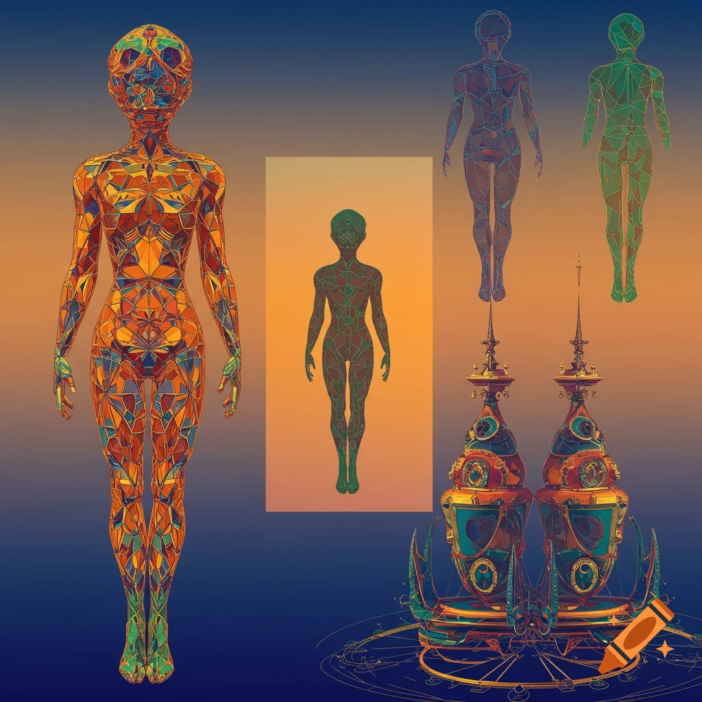 Abstract image of multiple geometric, patterned alien-like figures and ornate structures, in orange, blue, and green tones.