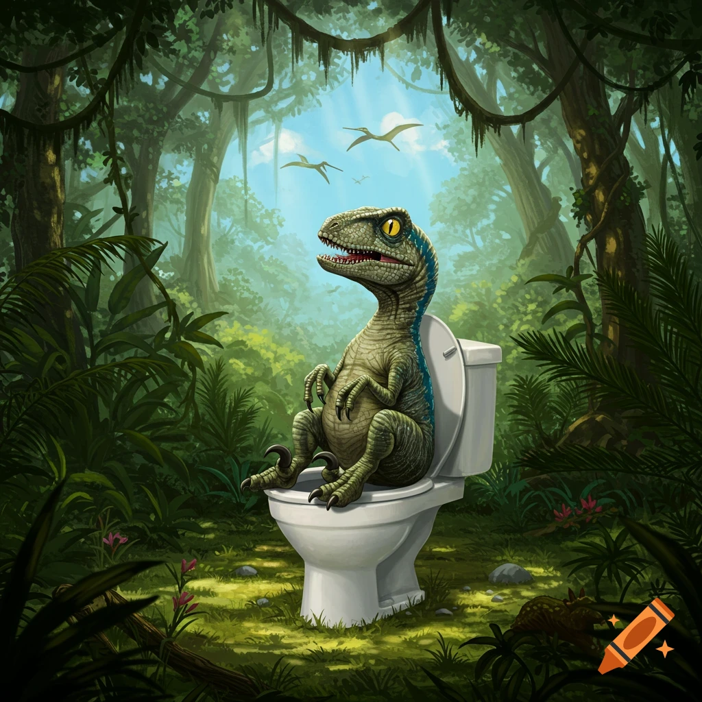 A detailed illustration of a blue velociraptor dinosaur sitting on a white toilet in a lush green jungle under a sunny sky.