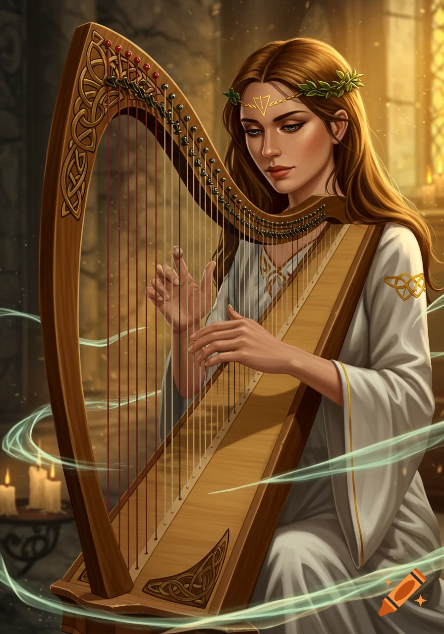 An elegant woman in white robes plays a Celtic harp, adorned with a laurel wreath and a golden forehead symbol.