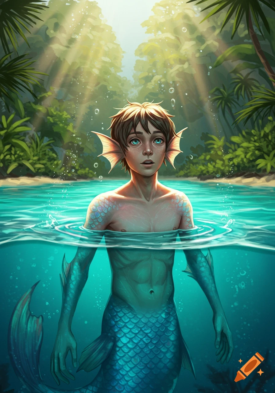 A young merman with fins on his ears and arms emerges from vibrant tropical water, looking up at light rays filtering through jungle trees.