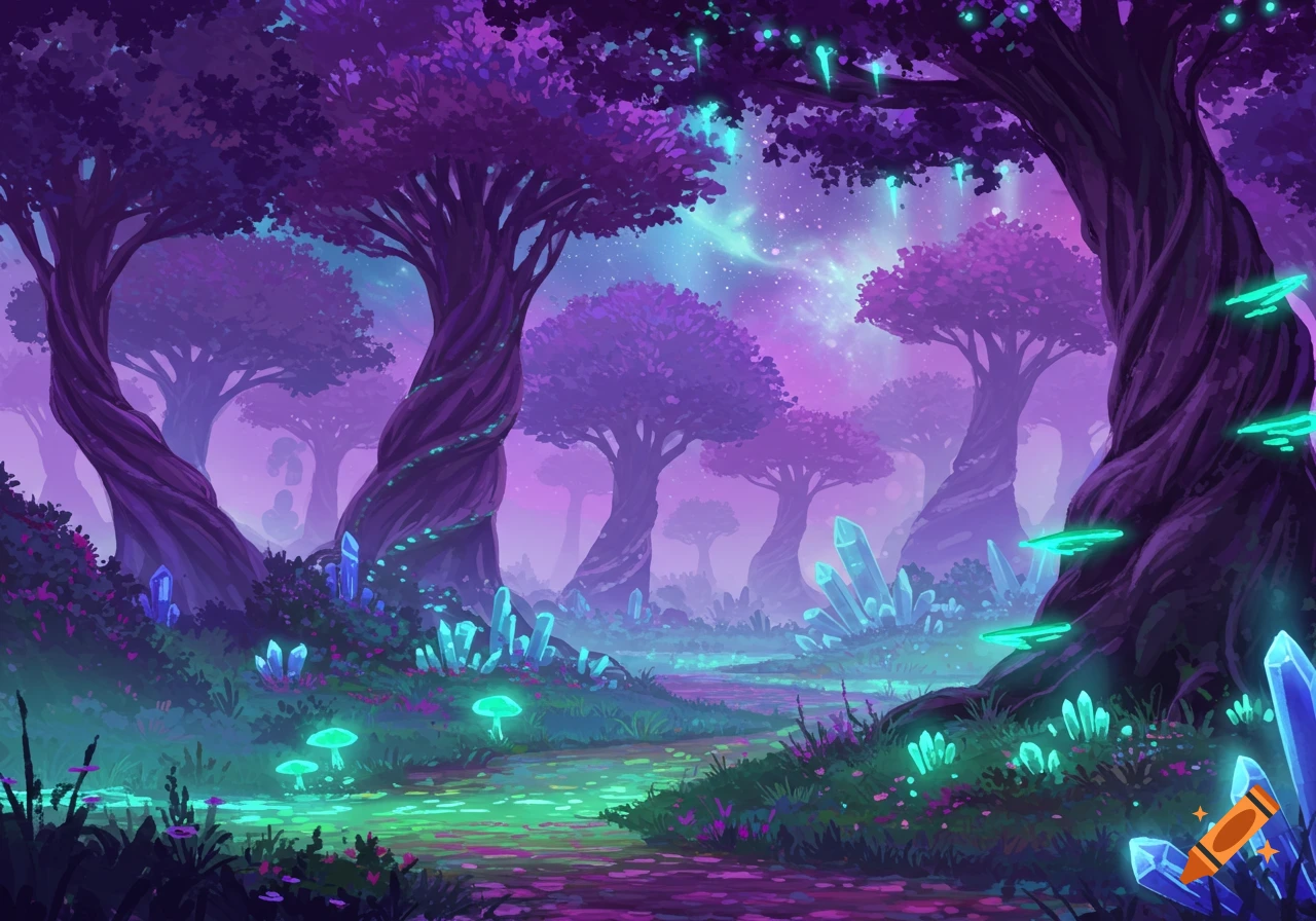 Vibrant alien forest with purple trees, glowing teal crystals, and luminous mushrooms along a path under a starry sky.