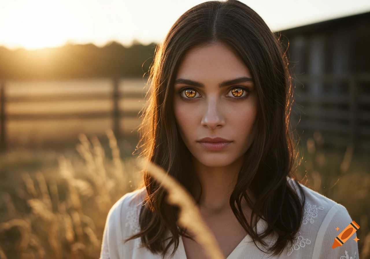 Photorealistic portrait of a woman with long dark hair and horse-like amber eyes, looking forward in a golden hour field.