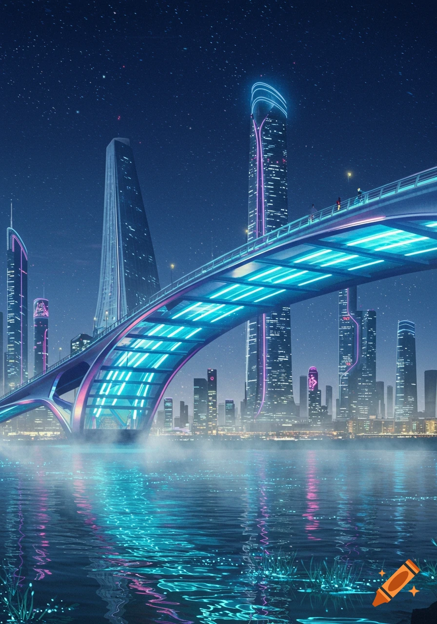 A futuristic city at night with a large bridge glowing with neon blue and pink lights reflecting in the water.