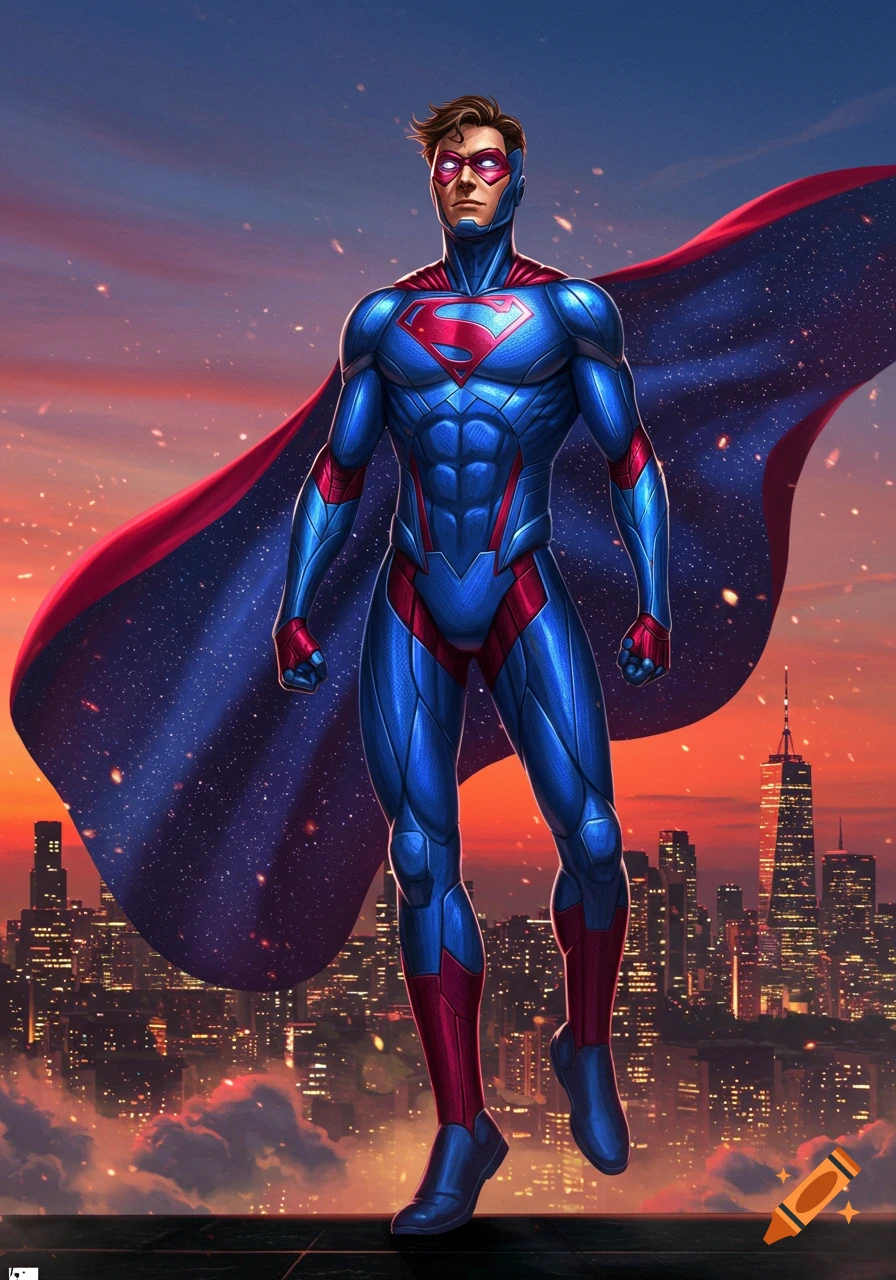 A muscular superhero in a blue and red suit with an 'S' emblem and a flowing cape stands on a rooftop overlooking a city at sunset.