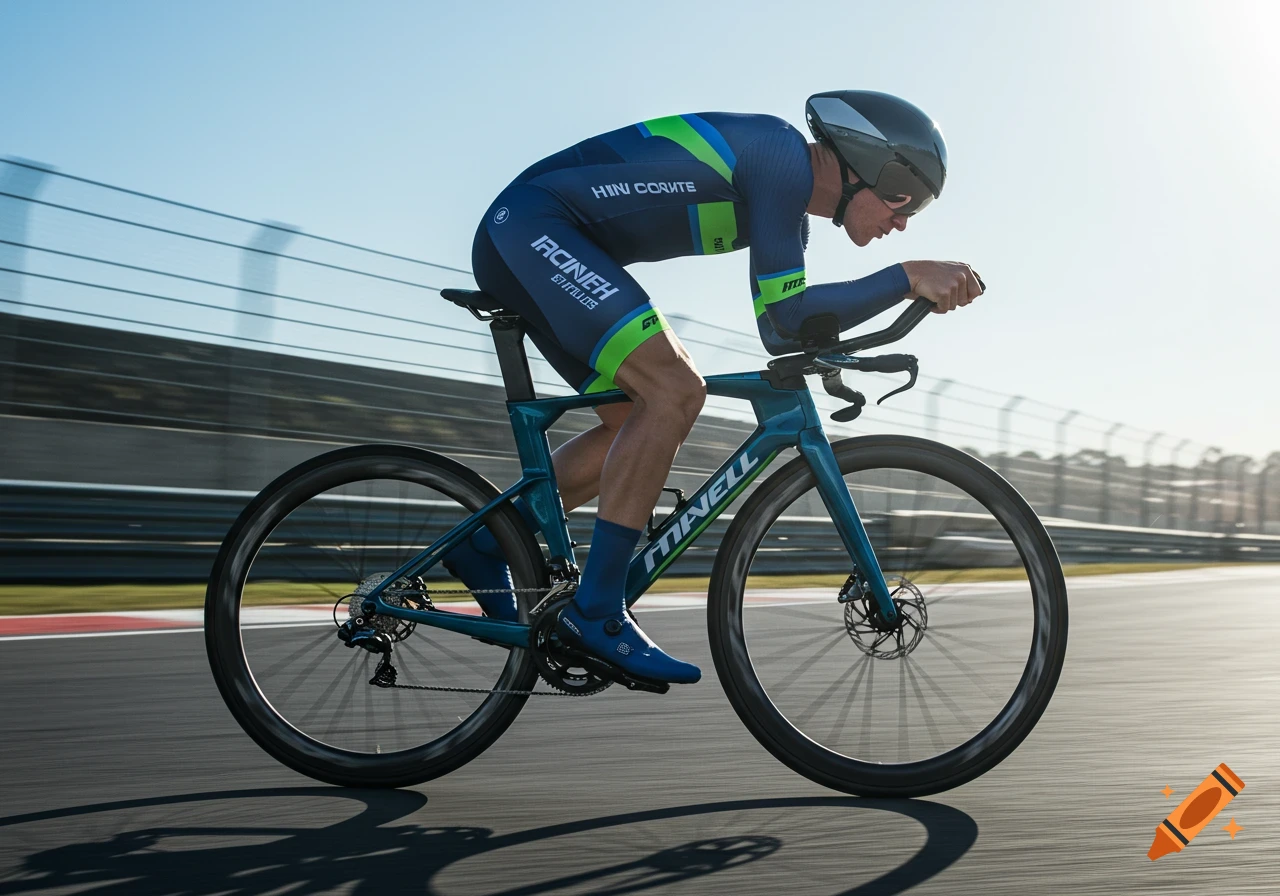 A cyclist in a blue and green racing suit and helmet rides a teal aerodynamic bicycle on a sunlit race track.