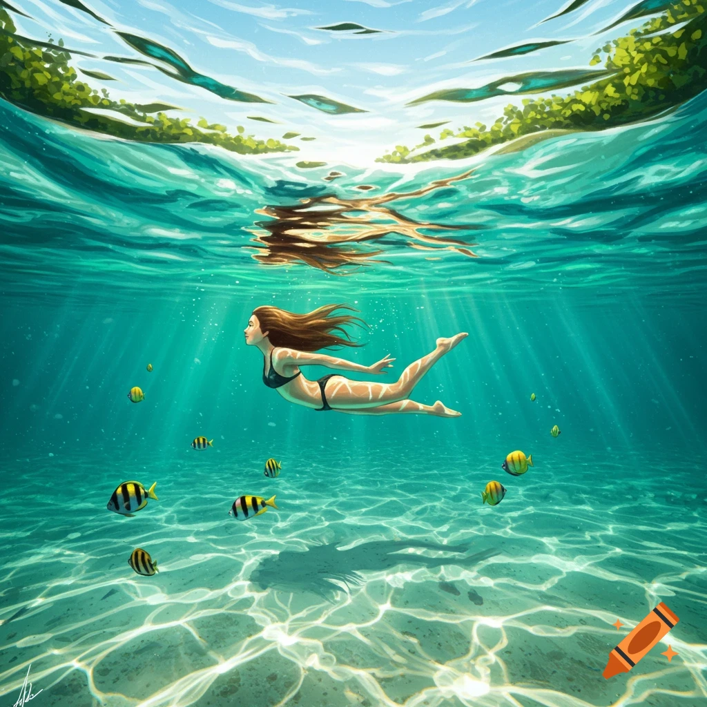 A stylized illustration of a woman swimming gracefully underwater in a bikini, surrounded by tropical fish and sunlight filtering through the clear turquoise ocean.