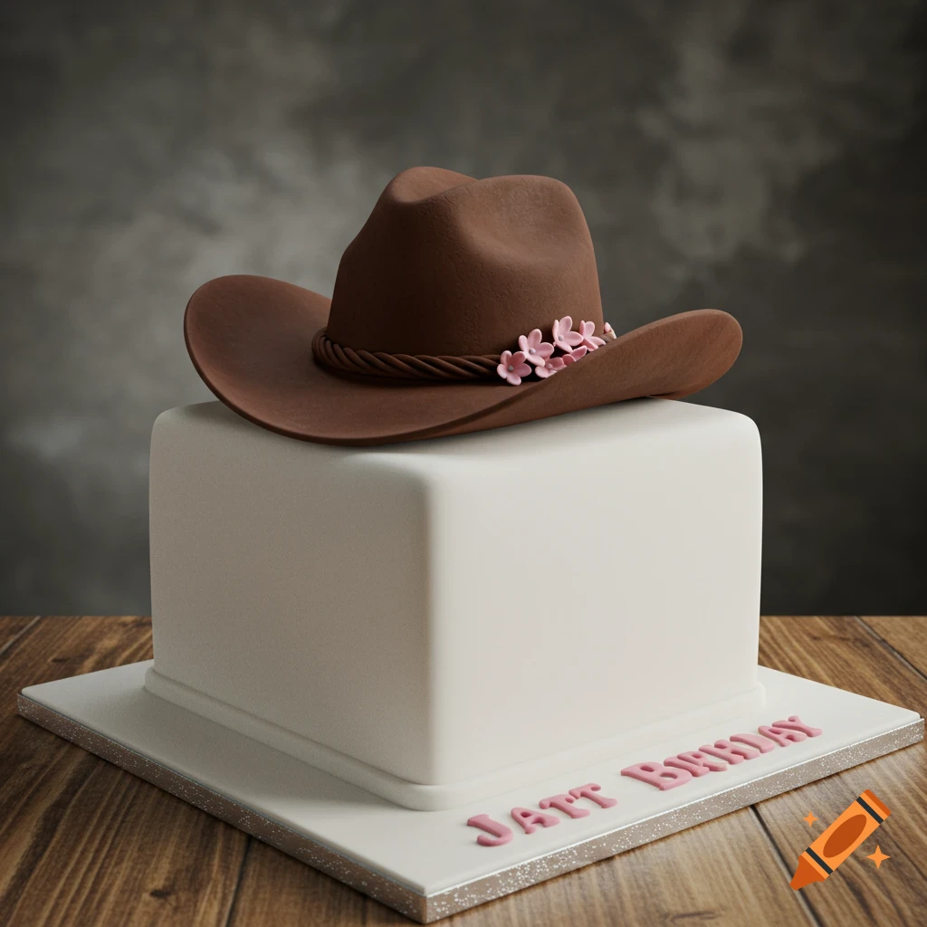 Photorealistic white square birthday cake topped with a brown fondant cowboy hat adorned with pink flowers, on a wooden table.