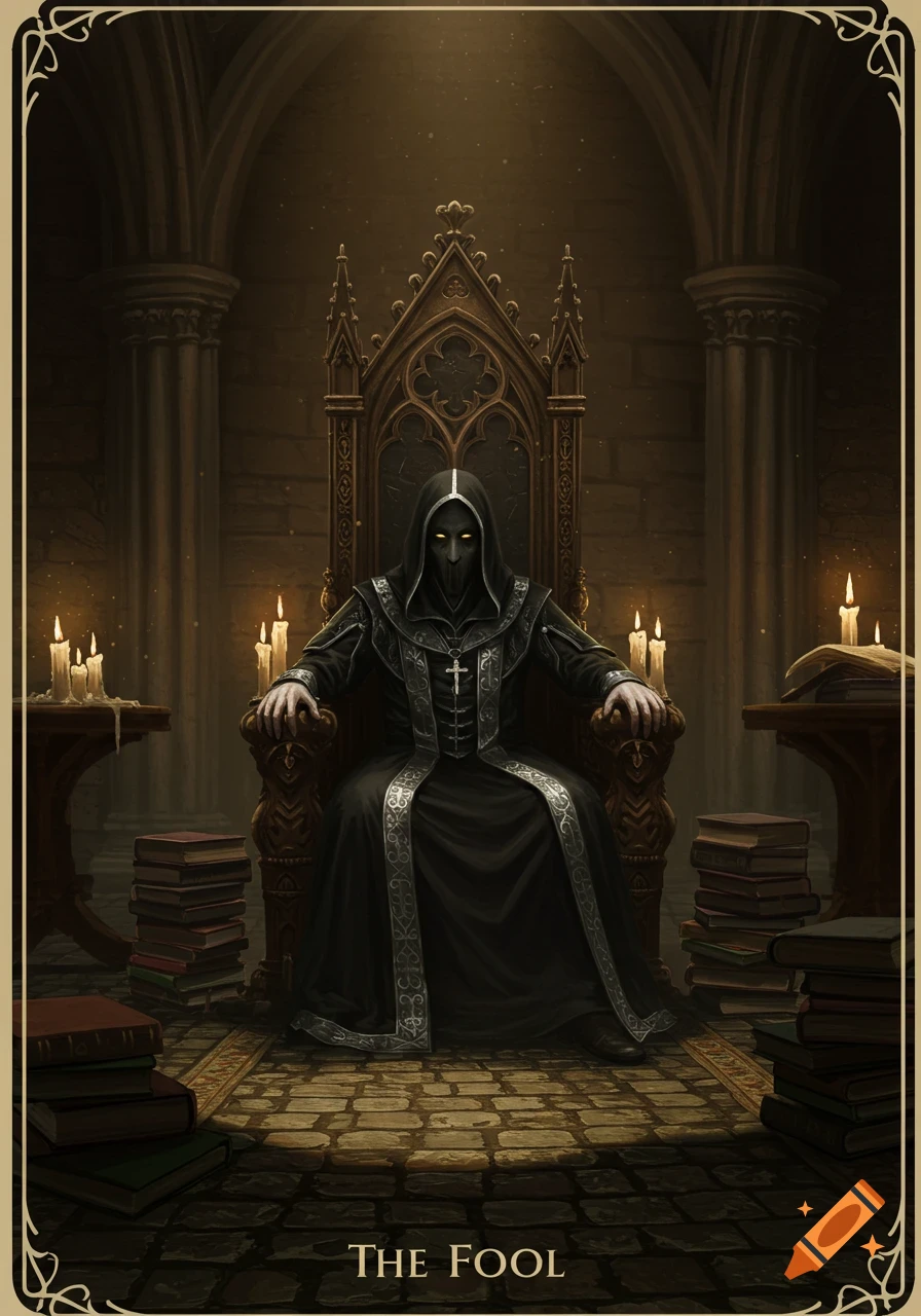 A masked, robed figure sits on an ornate gothic throne in a candlelit hall, surrounded by books. Text reads 'THE FOOL'.