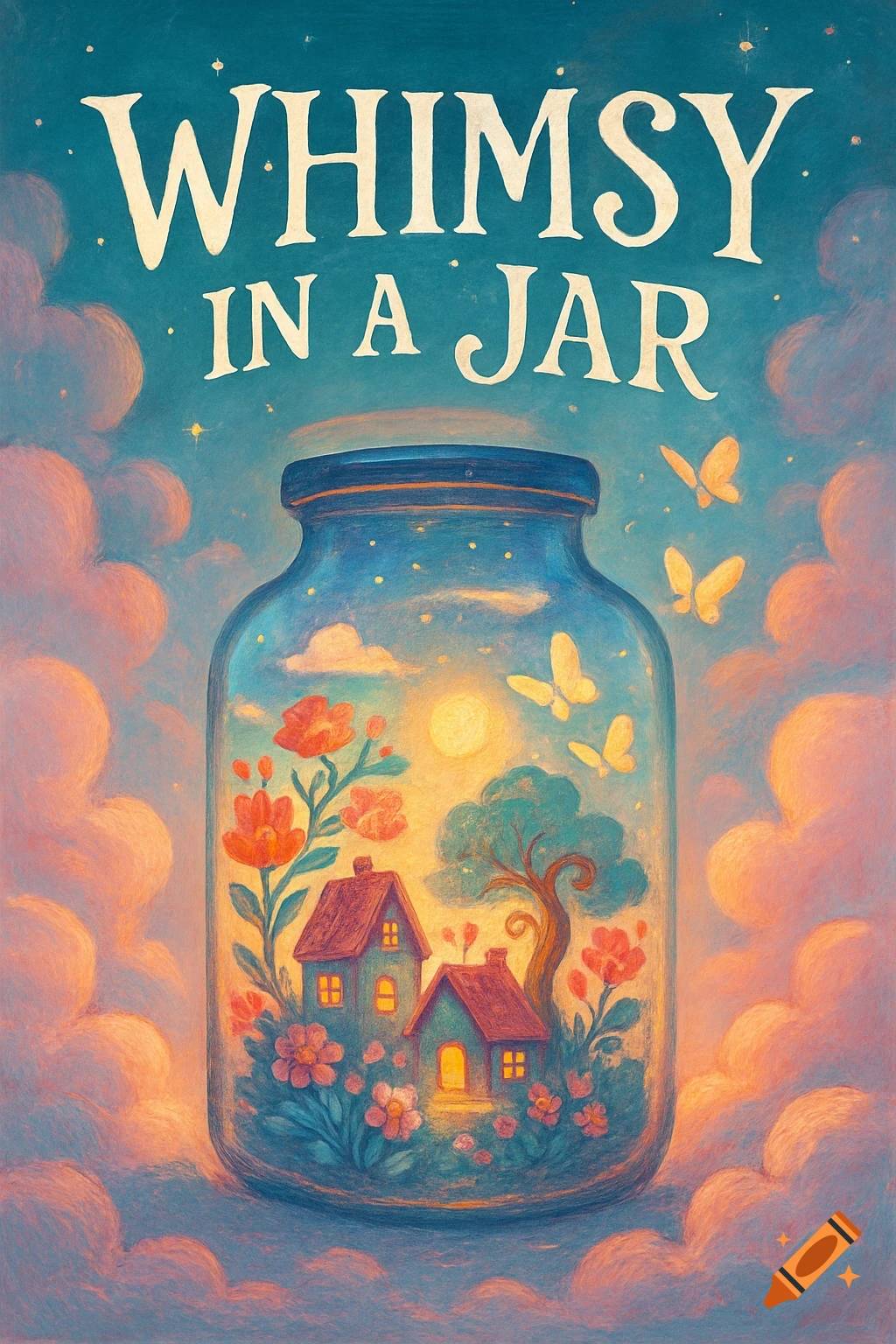 Whimsical illustration of a magical world with small houses, flowers, and butterflies inside a jar, with text 'WHIMSY IN A JAR'.