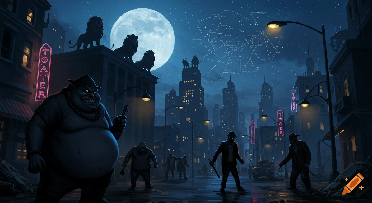 A stylized, dark cityscape at night under a full moon with strange, goblin-like figures and neon signs, featuring lion statues on buildings.