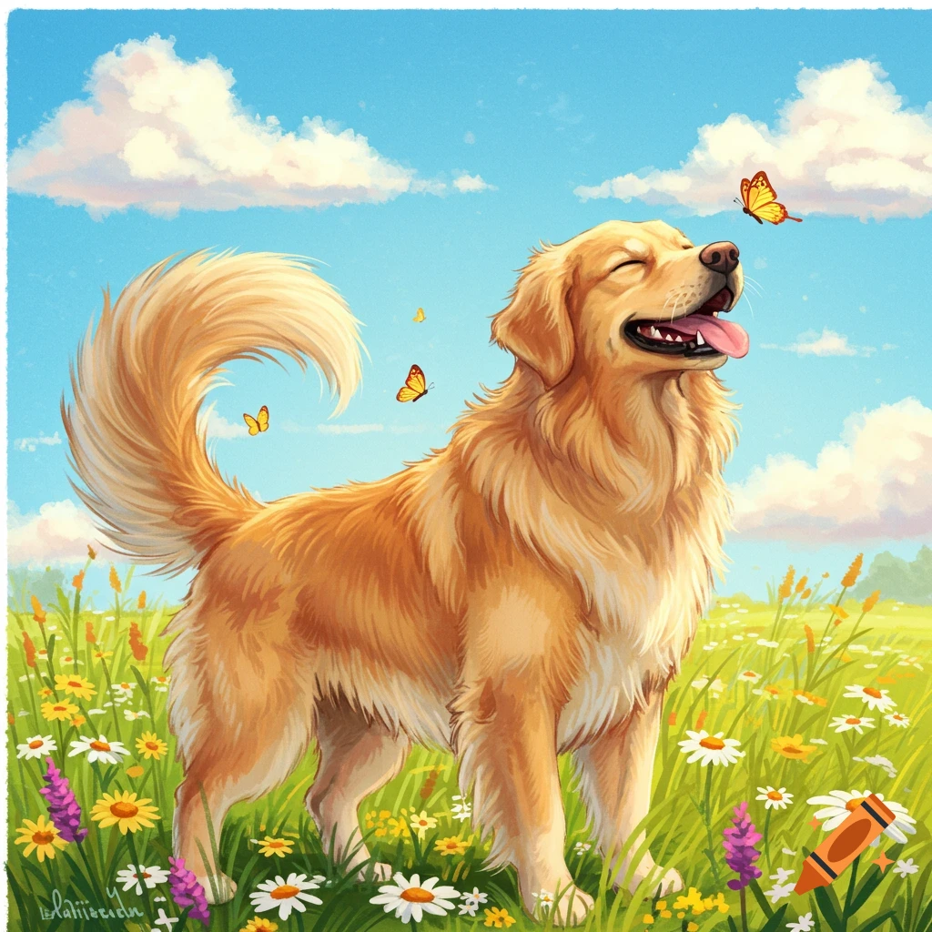A happy golden retriever dog stands in a sunny field of white, yellow, and purple wildflowers with butterflies, illustration.