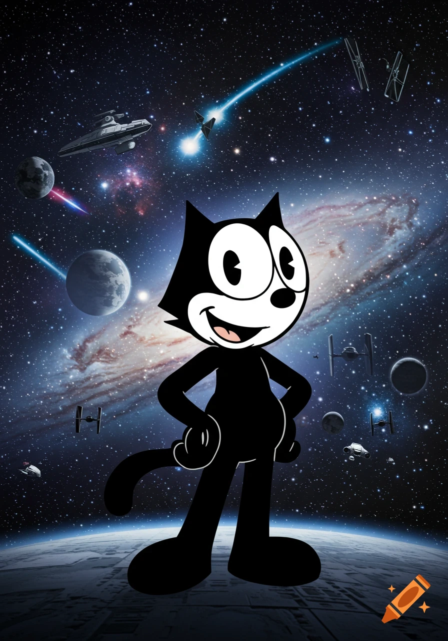 Felix the Cat, a black cartoon cat, stands on a moon in space with planets, galaxies, Star Wars TIE fighters, and starships.
