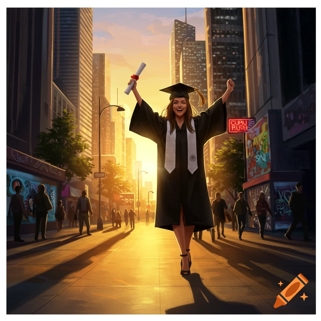 A joyful female college graduate in a cap and gown holds a diploma high in a vibrant, sunlit city street, digital art.