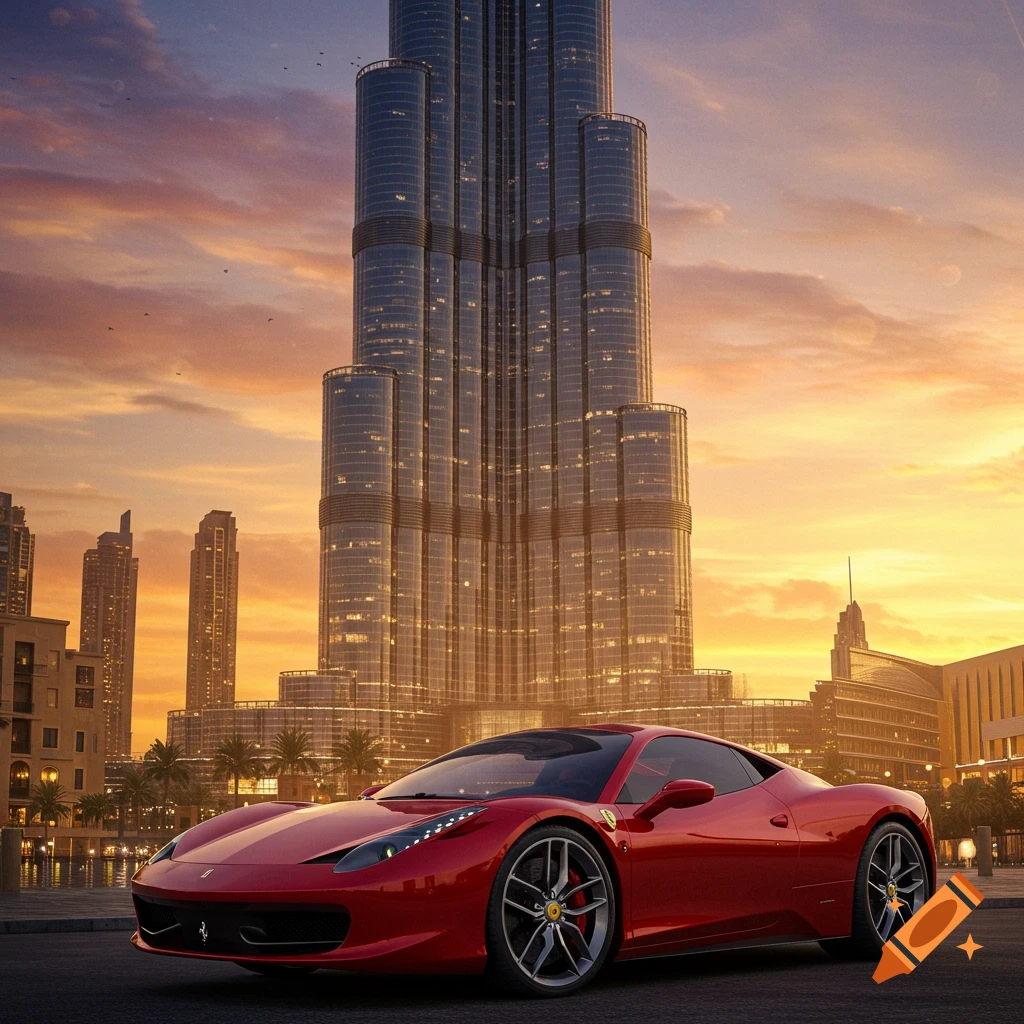 A red Ferrari car parked on a city street in front of the towering Burj Khalifa, bathed in the warm light of sunset.