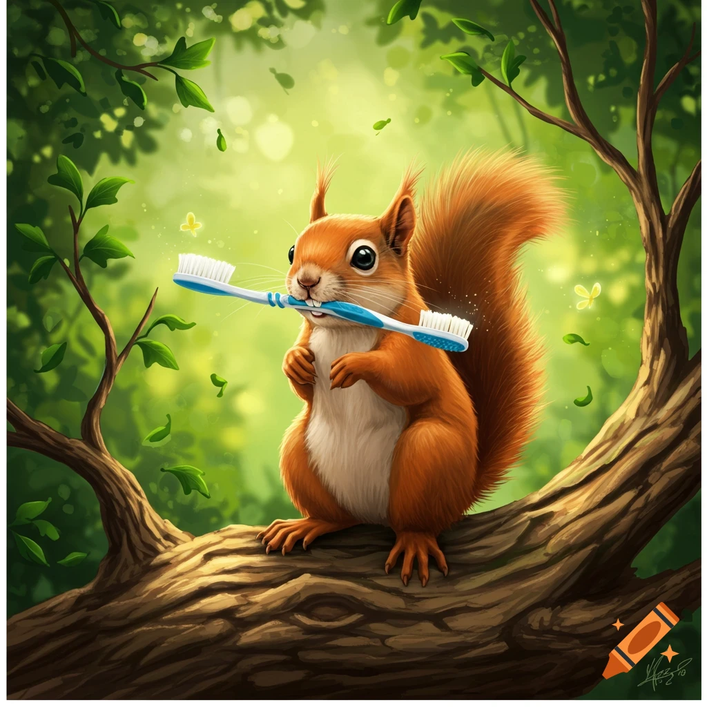A charming illustration of a red squirrel holding a blue toothbrush in its mouth, perched on a branch in a vibrant green forest.