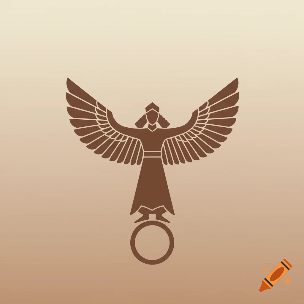 A brown stylized illustration of the Faravahar, a winged Zoroastrian symbol, on a gradient beige background.