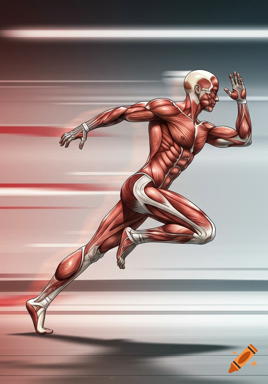 A stylized illustration of a human muscular system in a dynamic running pose, with motion blur in the background.