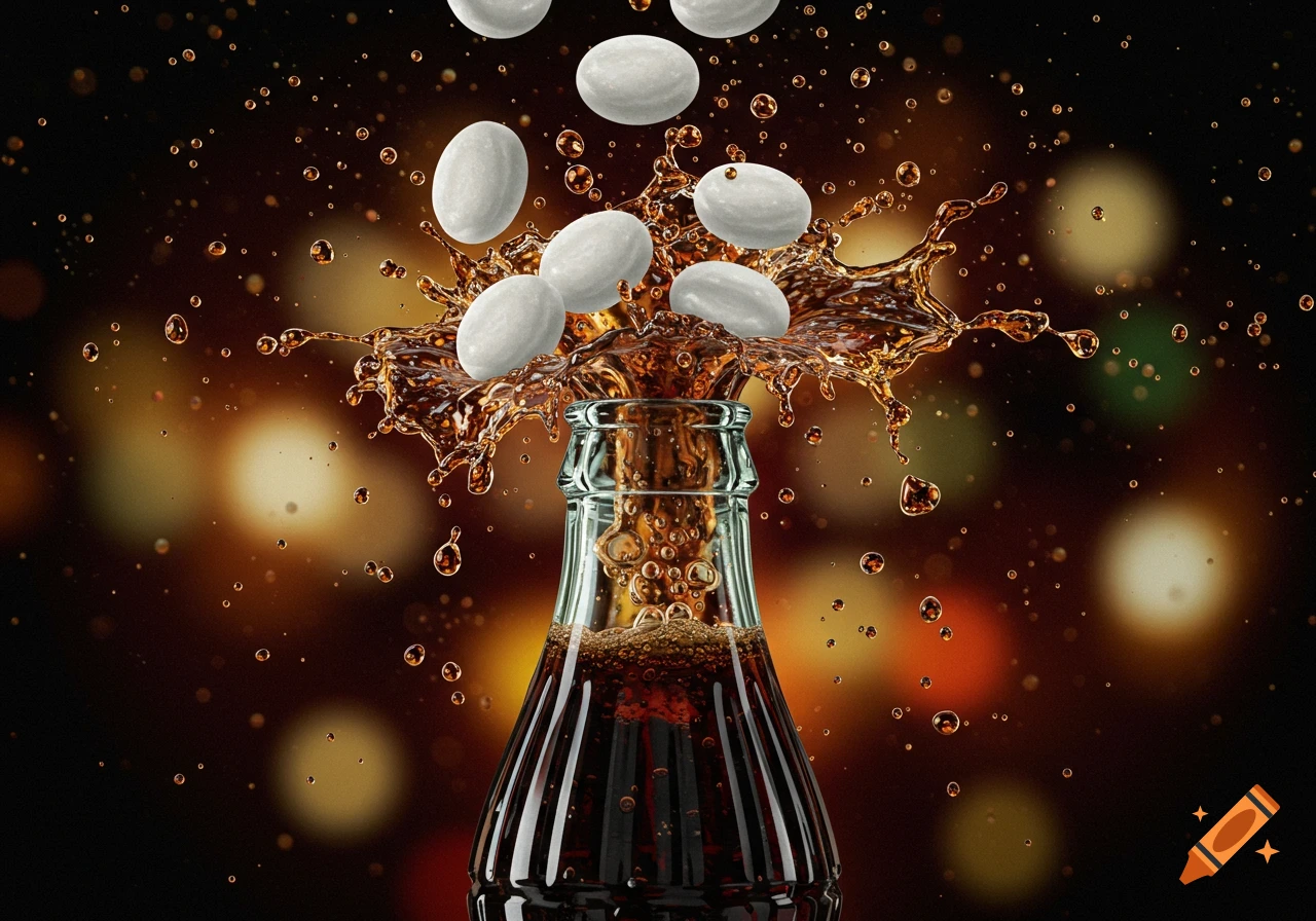 White Mentos candies drop into a glass soda bottle, causing the dark soda to fizz and splash against a bokeh background.