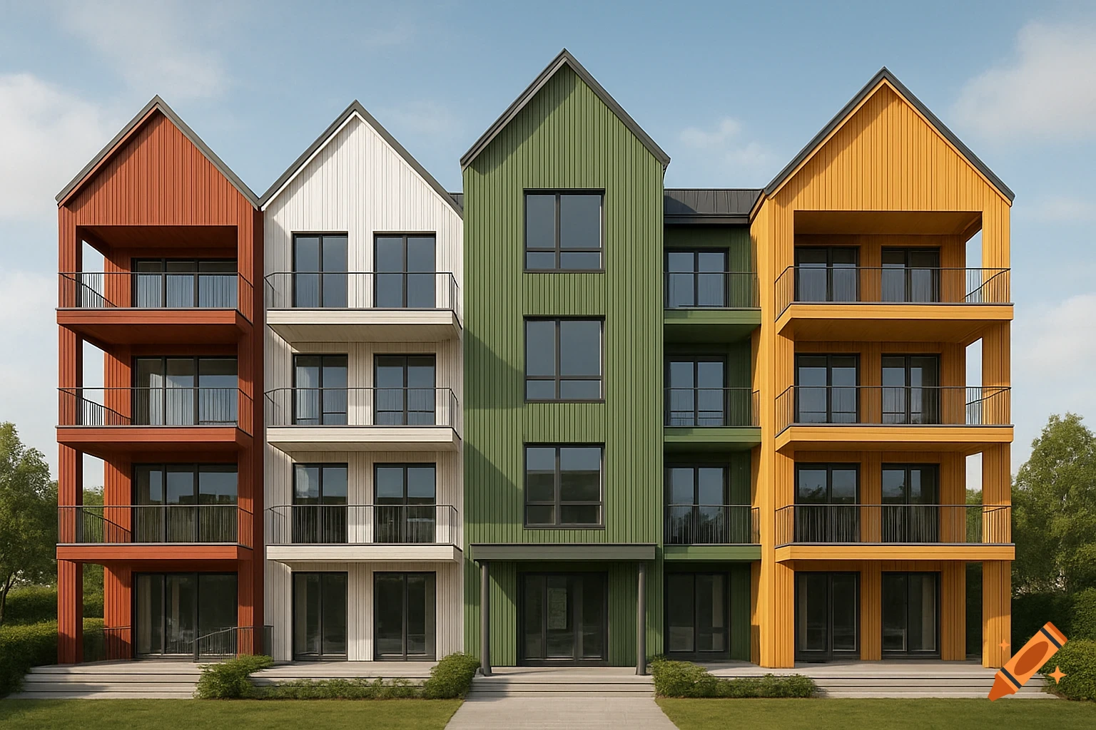 A row of four modern apartment buildings with vertical wood siding in red, white, green, and yellow, each with gabled roofs and balconies.