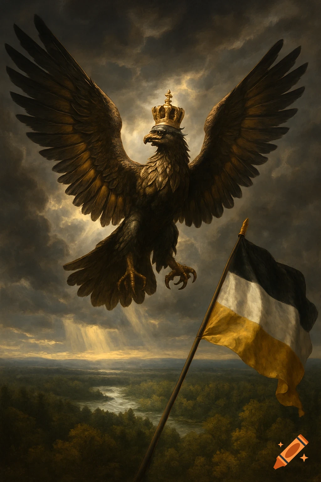 Majestic crowned golden-brown eagle flying under a dramatic sky over a forest, with a black, white, and gold flag in a painted style.
