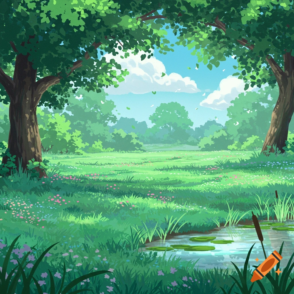 An anime-style landscape of a green meadow with trees, a pond, and a blue sky with clouds.