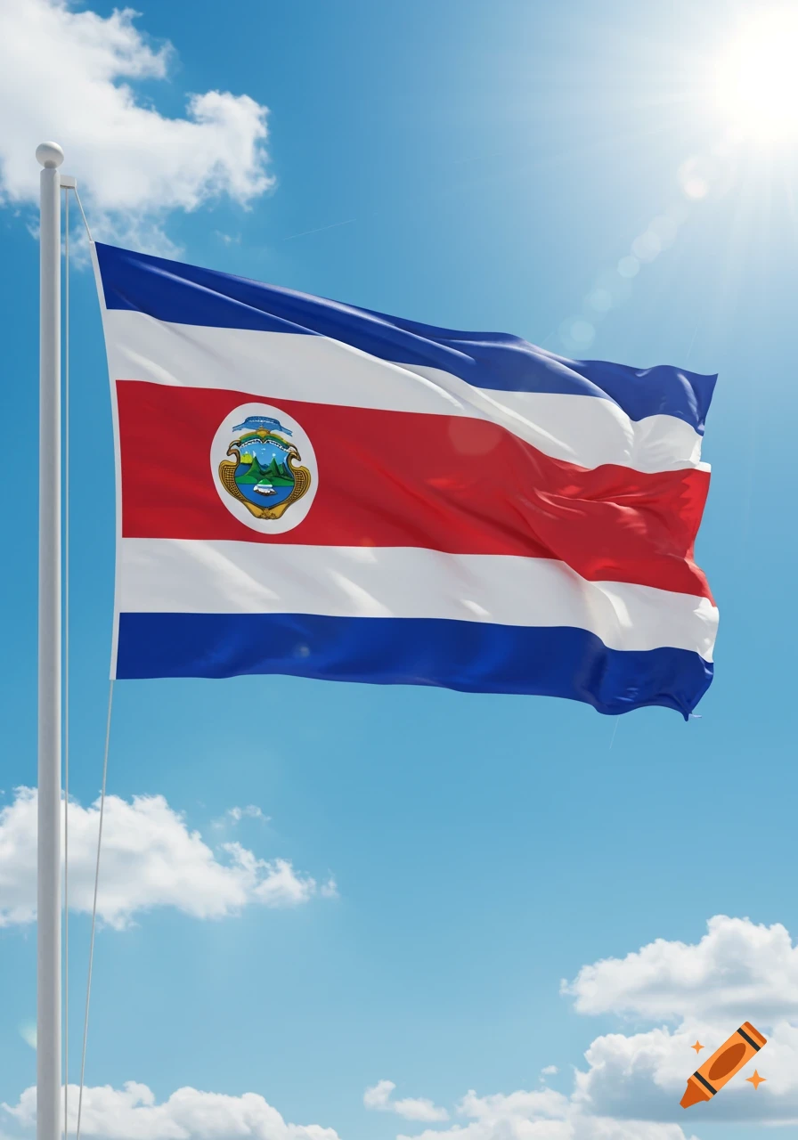 Costa Rican flag waving against a bright blue sky with white clouds and sunlight.