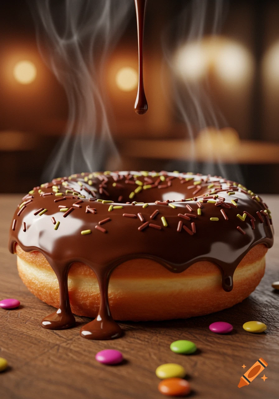 Photorealistic close-up of a chocolate-glazed donut with sprinkles, with chocolate dripping and colorful candies on a wooden table.