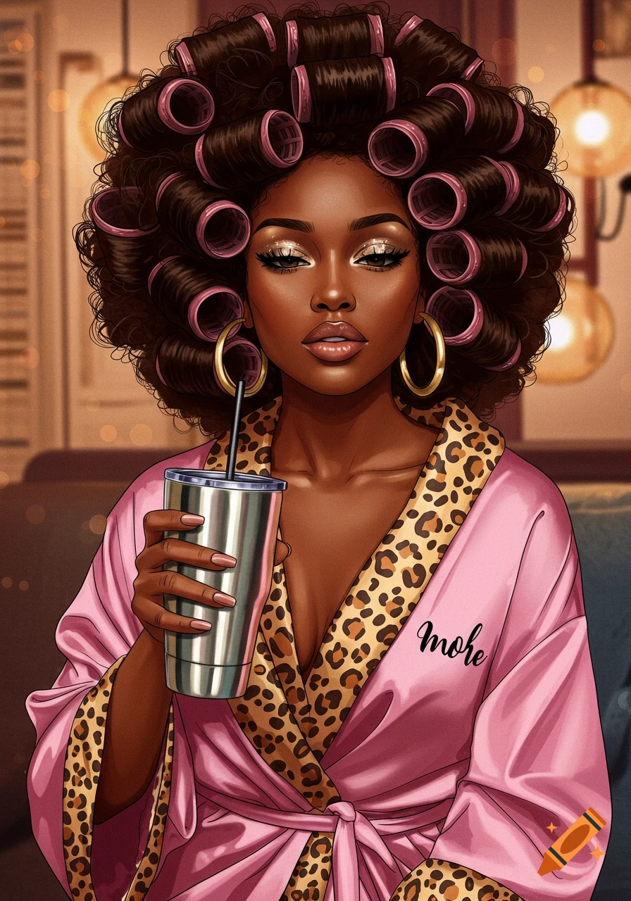 Digital art portrait of a Black woman in a pink leopard print robe with hair curlers, holding a silver tumbler.