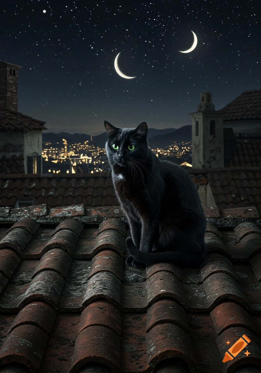 A black cat with bright green eyes sits on a tiled rooftop at night, overlooking a city skyline under a starry sky with two crescent moons.