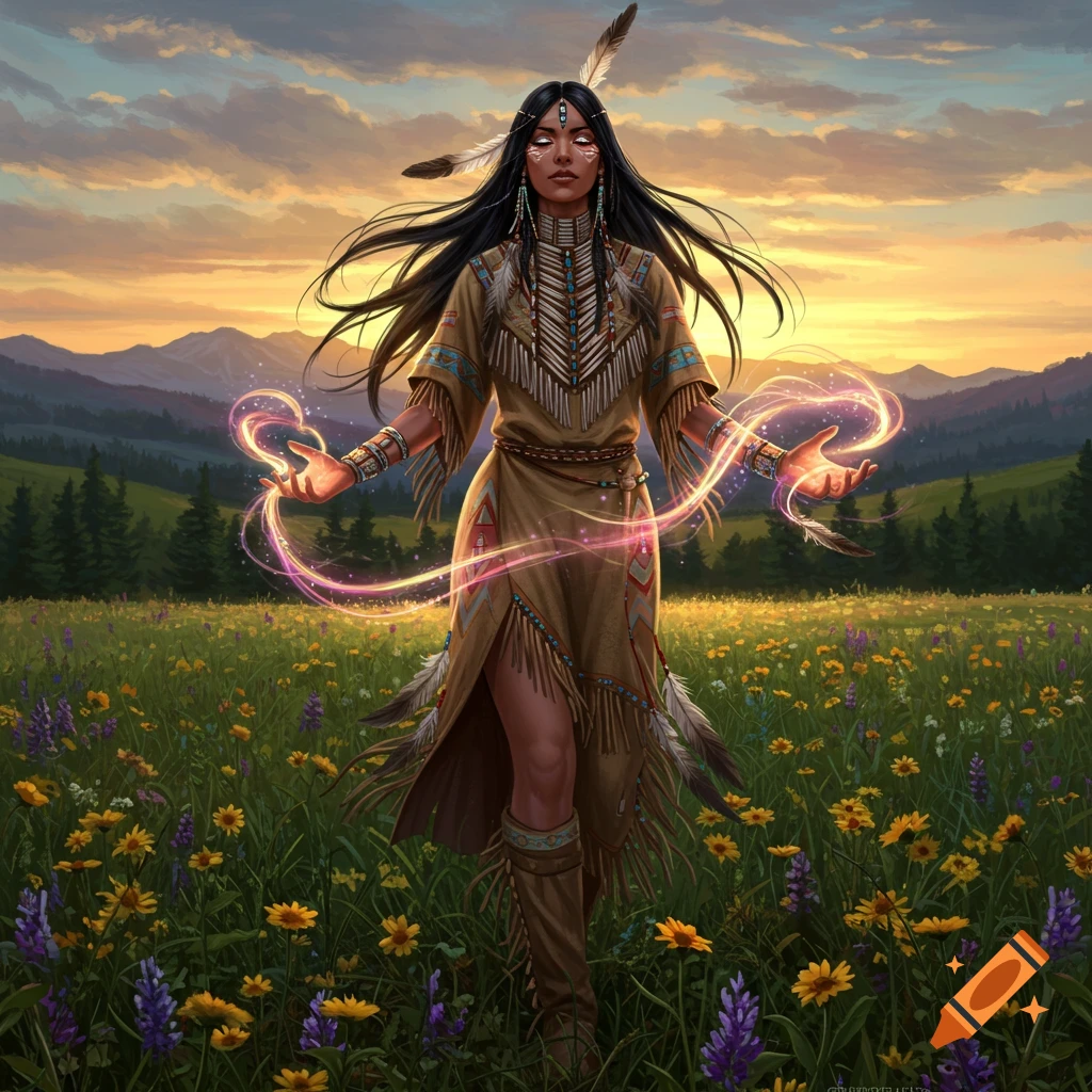A Native American woman in traditional dress stands in a wildflower meadow at sunset, hands extended with glowing magic.