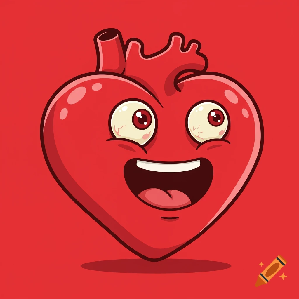 A happy, excited anthropomorphic red heart with crazy wide eyes and an open mouth, in a cartoon clipart style.