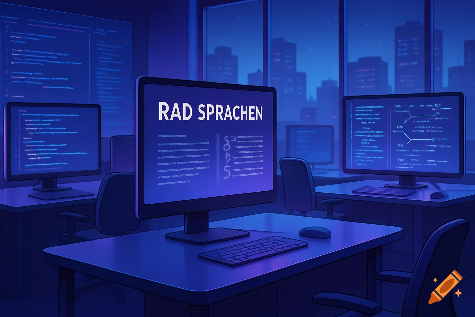 A blue-lit computer lab at night with monitors displaying code, one with 'RAD SPRACHEN', and a city skyline outside.