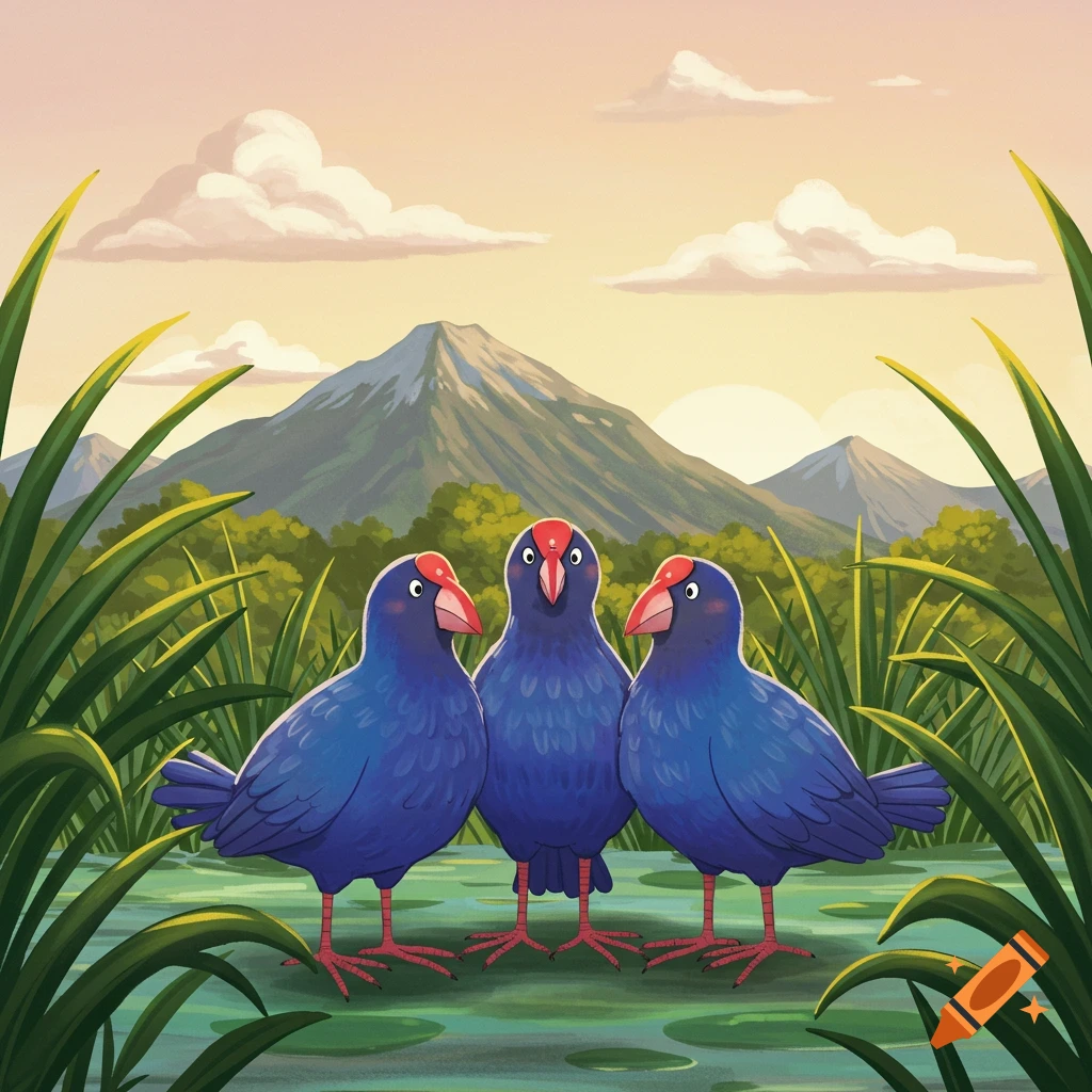 Three cartoon blue pukeko standing in a flax swamp with mountains and a sunset sky in the background, illustrated in a cartoon style.