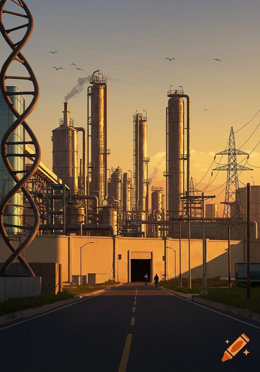 A large chemical factory at sunset, with a prominent DNA helix structure on the left and power lines on the right, digital art.