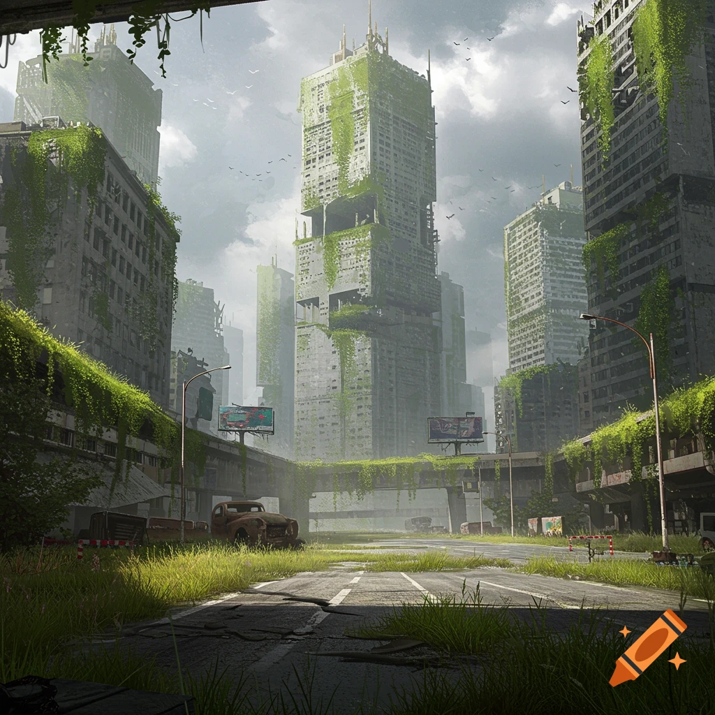 An abandoned city with tall buildings overgrown with green vines and trees, a derelict road with grass, and an old car under a cloudy sky.
