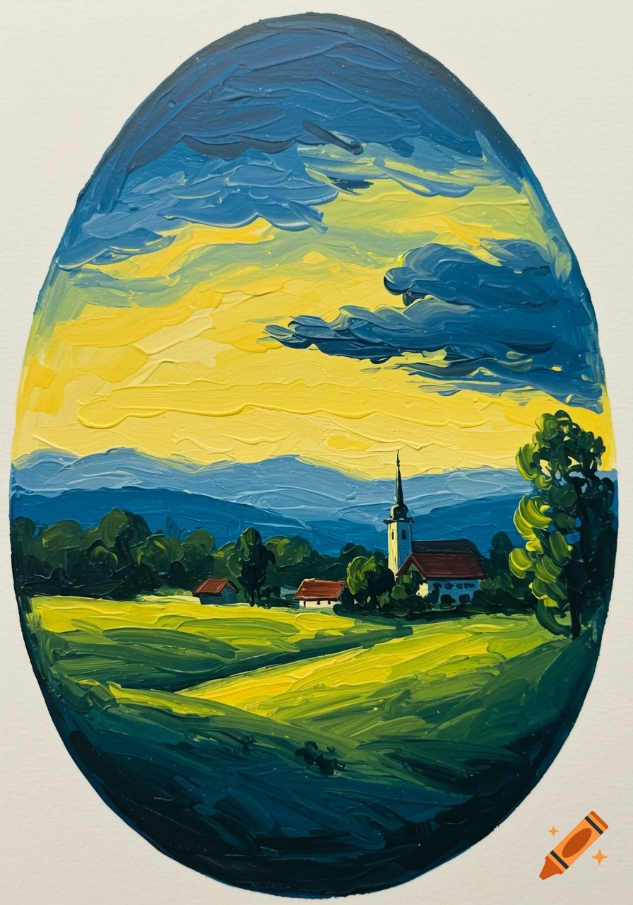 An egg-shaped expressionist painting of a vibrant landscape with a church, houses, fields, and mountains under a dramatic sky.