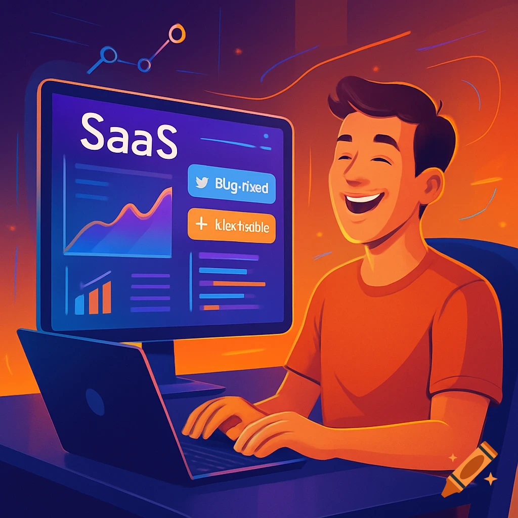 A happy man in an orange shirt works on a laptop, smiling at a monitor displaying SaaS software with charts and buttons for bug fixes and updates. Illustration.