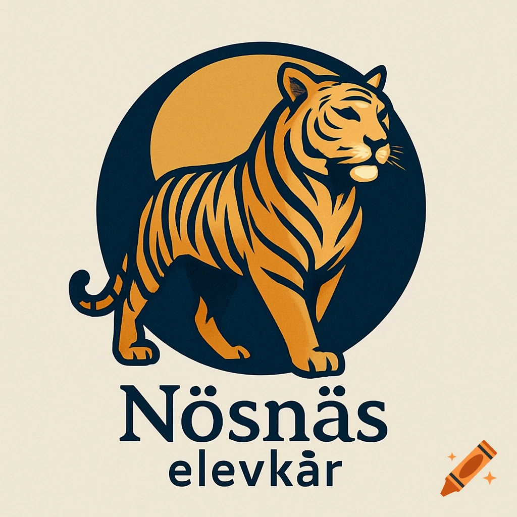A stylized logo of an orange tiger standing in front of a dark blue circle with an orange moon, above the text 'Nösnäs elevkår'.