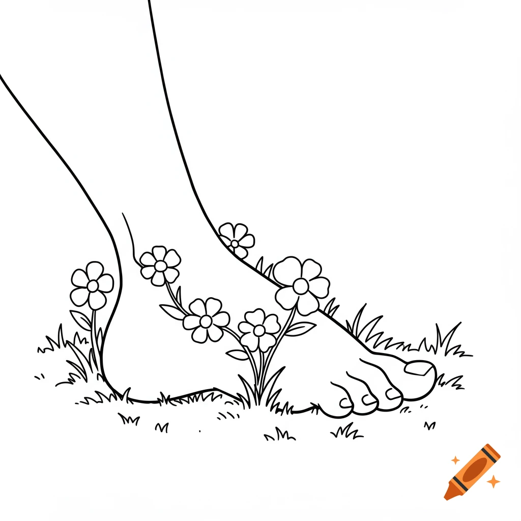 Black and white line drawing of a bare human foot standing in grass with flowers growing around it, in a clipart style.