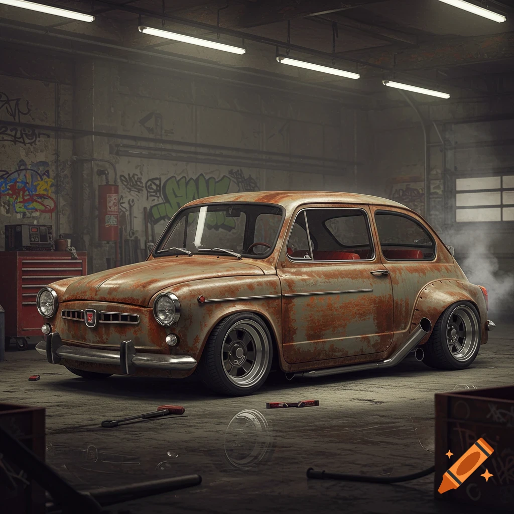 A rusty, customized SEAT 600 rat rod car with wide tires and exposed exhaust sits in a gritty garage with graffiti on the walls.