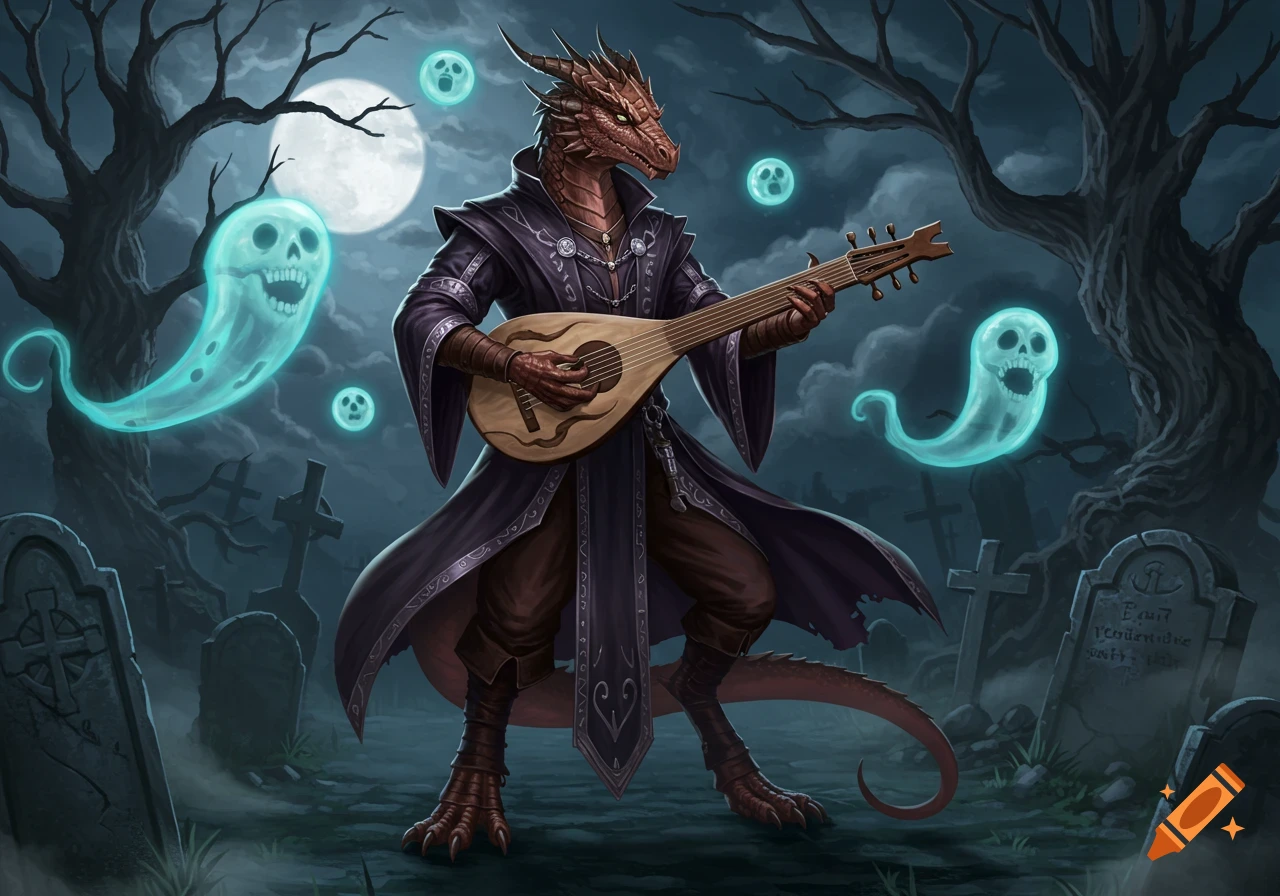 A dragonborn bard plays a lute in a spooky graveyard at night, with glowing blue ghosts and a full moon.