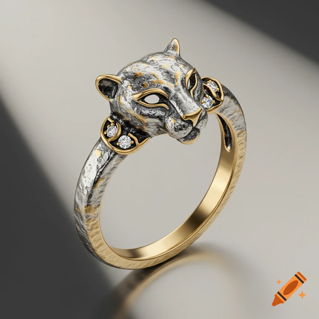 A close-up of an ornate ring featuring a silver and gold panther's head with small diamonds, on an unevenly textured band.