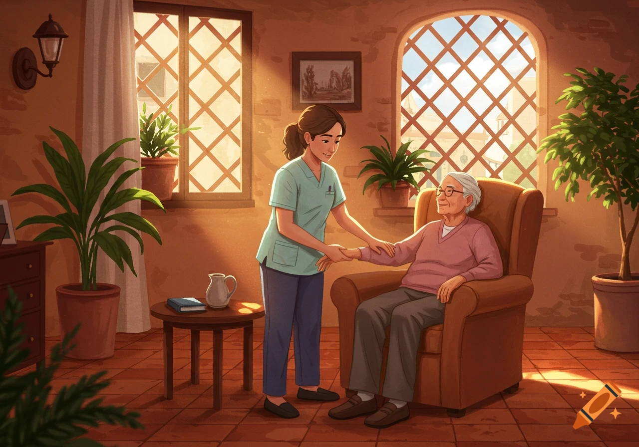 An illustrated scene of a caregiver helping an elderly man seated in an armchair in a sunlit room filled with plants.