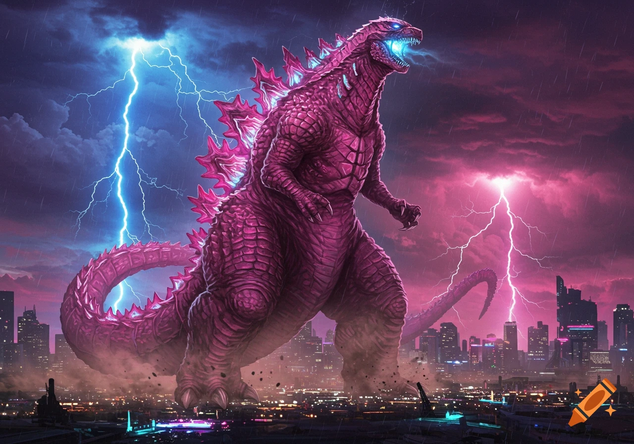 A pink Godzilla roars in a city under a stormy sky with blue and pink lightning.
