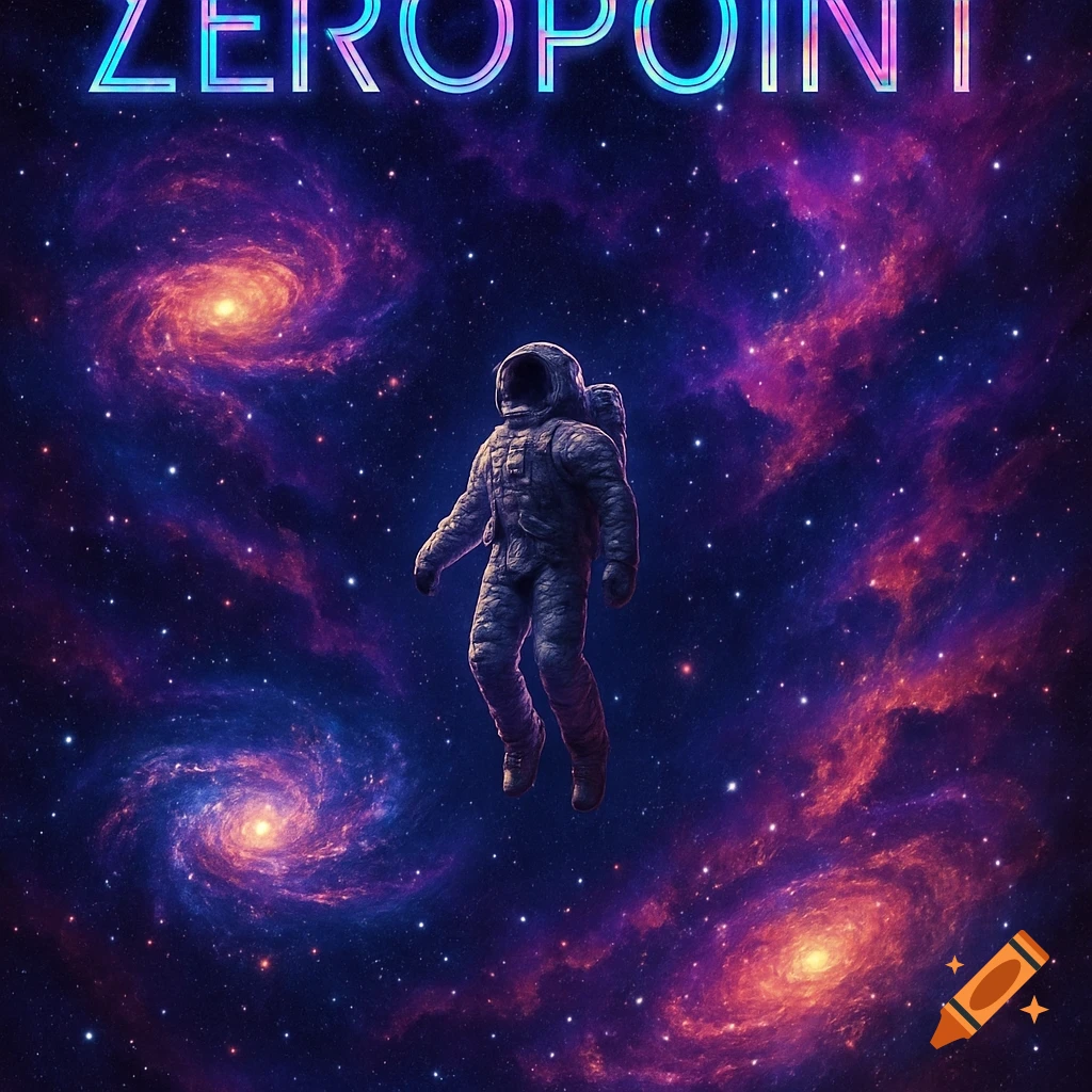 An astronaut floats amidst vibrant pink and purple galaxies, with the neon title "ZER0POINT" at the top.