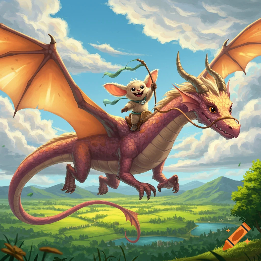 A happy, fluffy creature with big ears rides a pink and orange dragon, flying high over a vibrant green landscape under a blue sky with clouds, in a cheerful cartoon style.