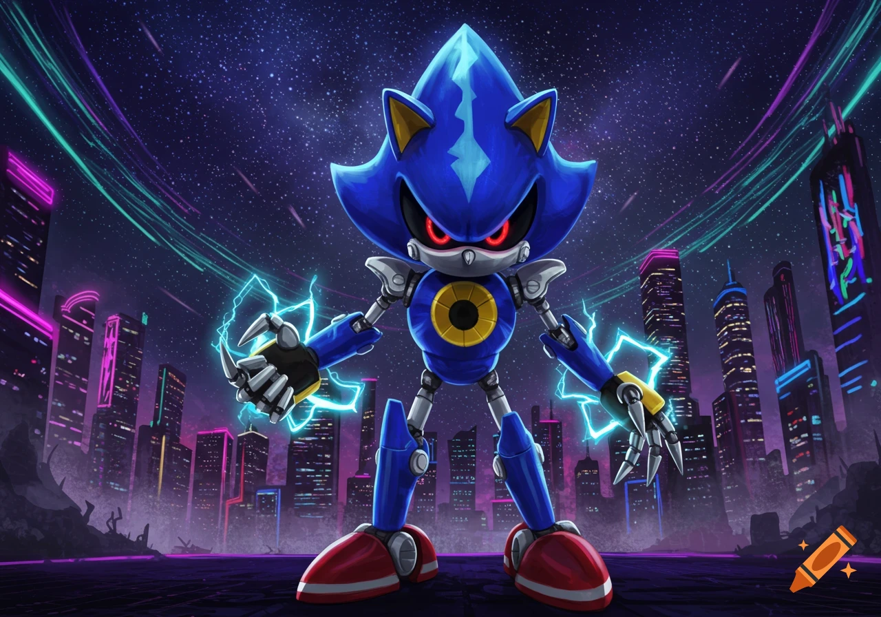 Neo Metal Sonic with red eyes and lightning in hands, stands menacingly in a futuristic city under a starry sky.