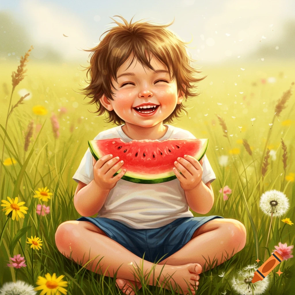 A joyful child sits in a sunny grassy field, happily holding a slice of watermelon.