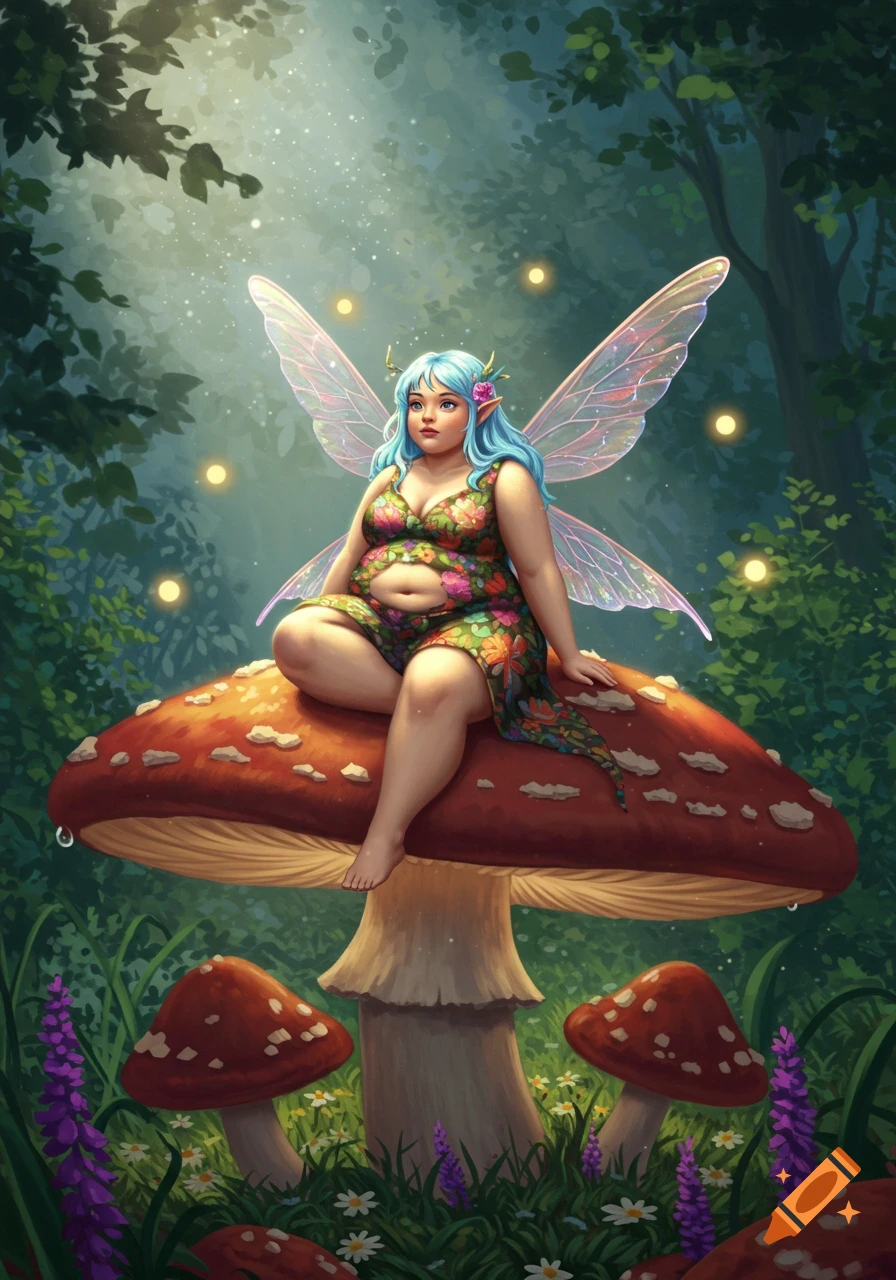 A plump blue-haired fae sits on a large red mushroom in a magical, sun-dappled forest, surrounded by fireflies.