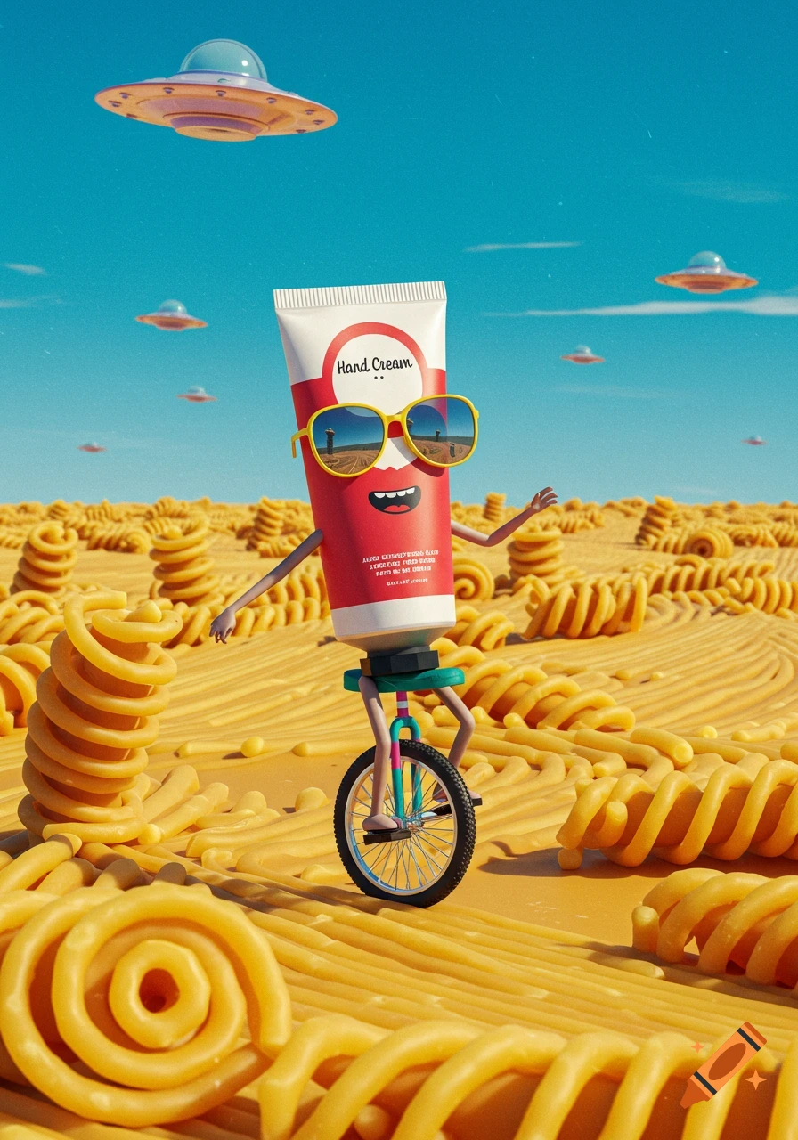 A cartoonish hand cream tube wearing sunglasses rides a unicycle through a yellow pasta desert, with UFOs hovering in a bright blue sky.